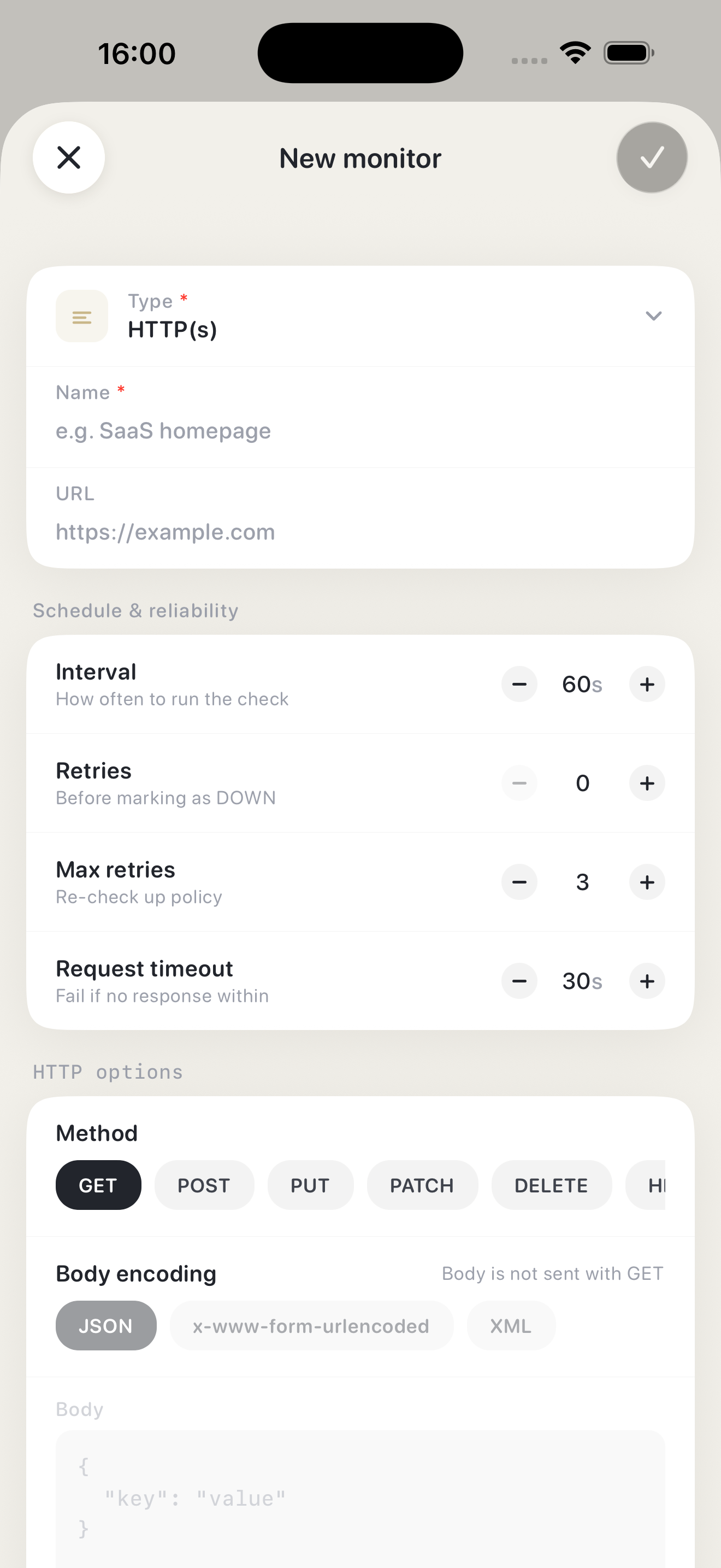 Selene's configure-a-check screen