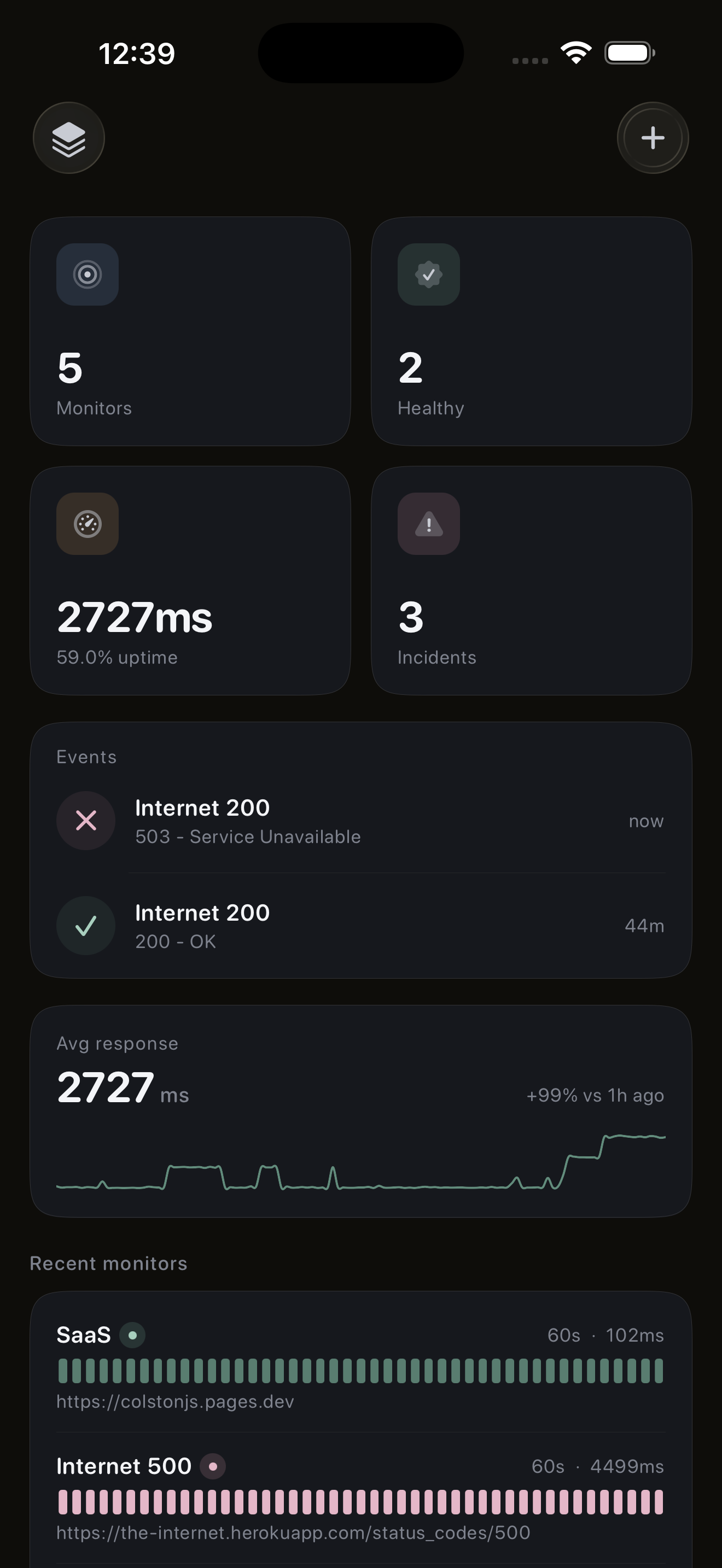 Selene in dark mode showing the monitors list